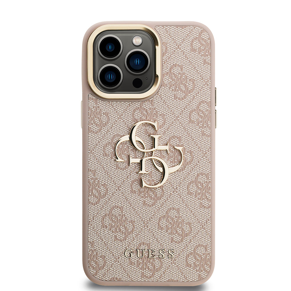 iPhone 13 Pro Max Kılıf Guess Orijinal Lisanslı PU Deri 4G Desenli Metal Büyük 4G ve Yazı Logolu Kamera Standlı Kılıf