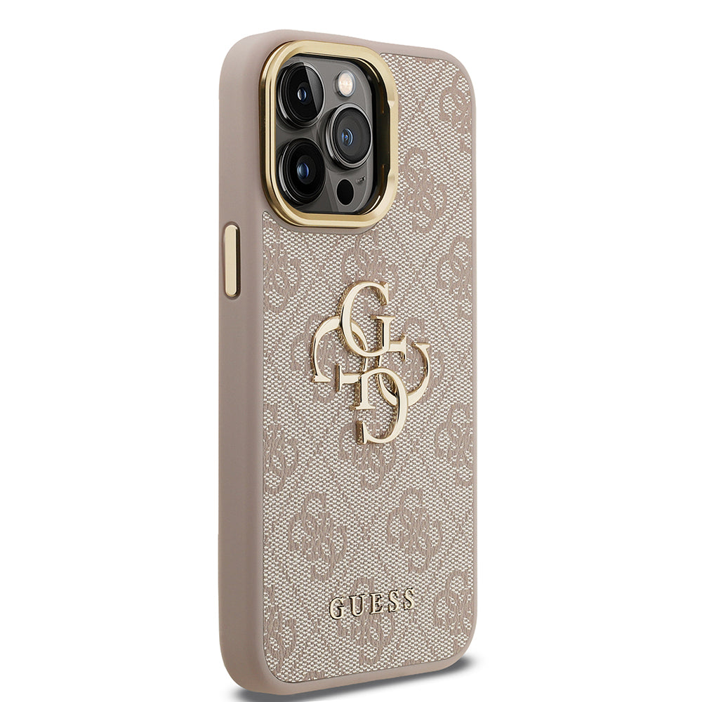 iPhone 13 Pro Max Kılıf Guess Orijinal Lisanslı PU Deri 4G Desenli Metal Büyük 4G ve Yazı Logolu Kamera Standlı Kılıf