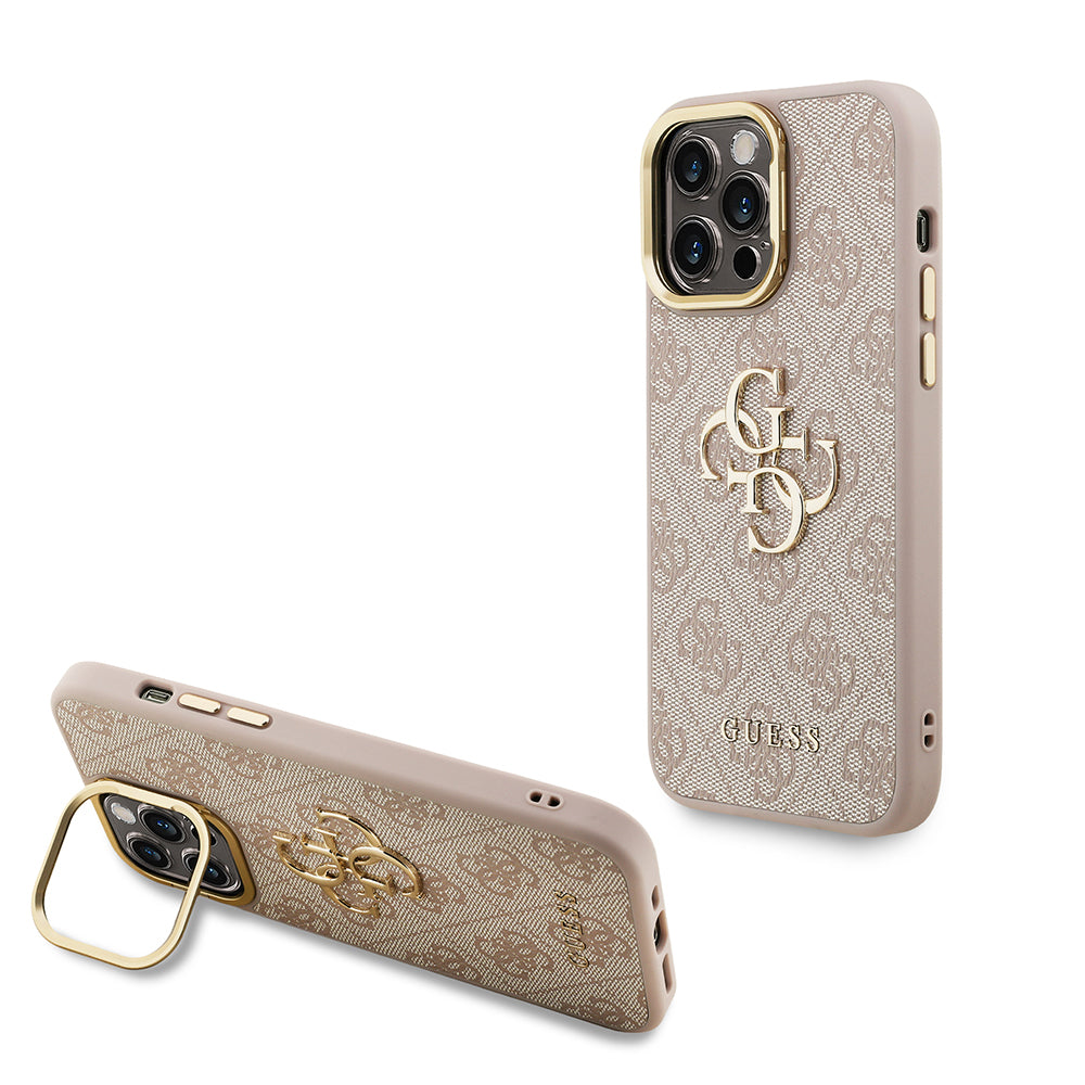 iPhone 13 Pro Max Kılıf Guess Orijinal Lisanslı PU Deri 4G Desenli Metal Büyük 4G ve Yazı Logolu Kamera Standlı Kılıf