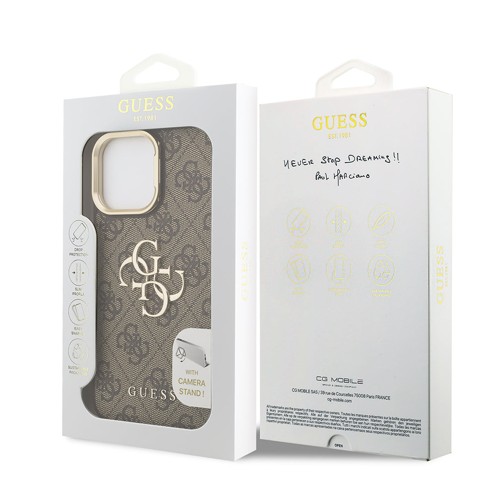 iPhone 13 Pro Max Kılıf Guess Orijinal Lisanslı PU Deri 4G Desenli Metal Büyük 4G ve Yazı Logolu Kamera Standlı Kılıf