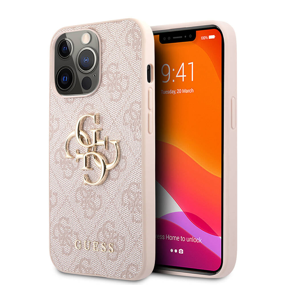 iPhone 13 Pro Max Kılıf Guess Orijinal Lisanslı PU Deri 4G Desenli Metal Büyük 4G ve Yazı Logolu Kılıf