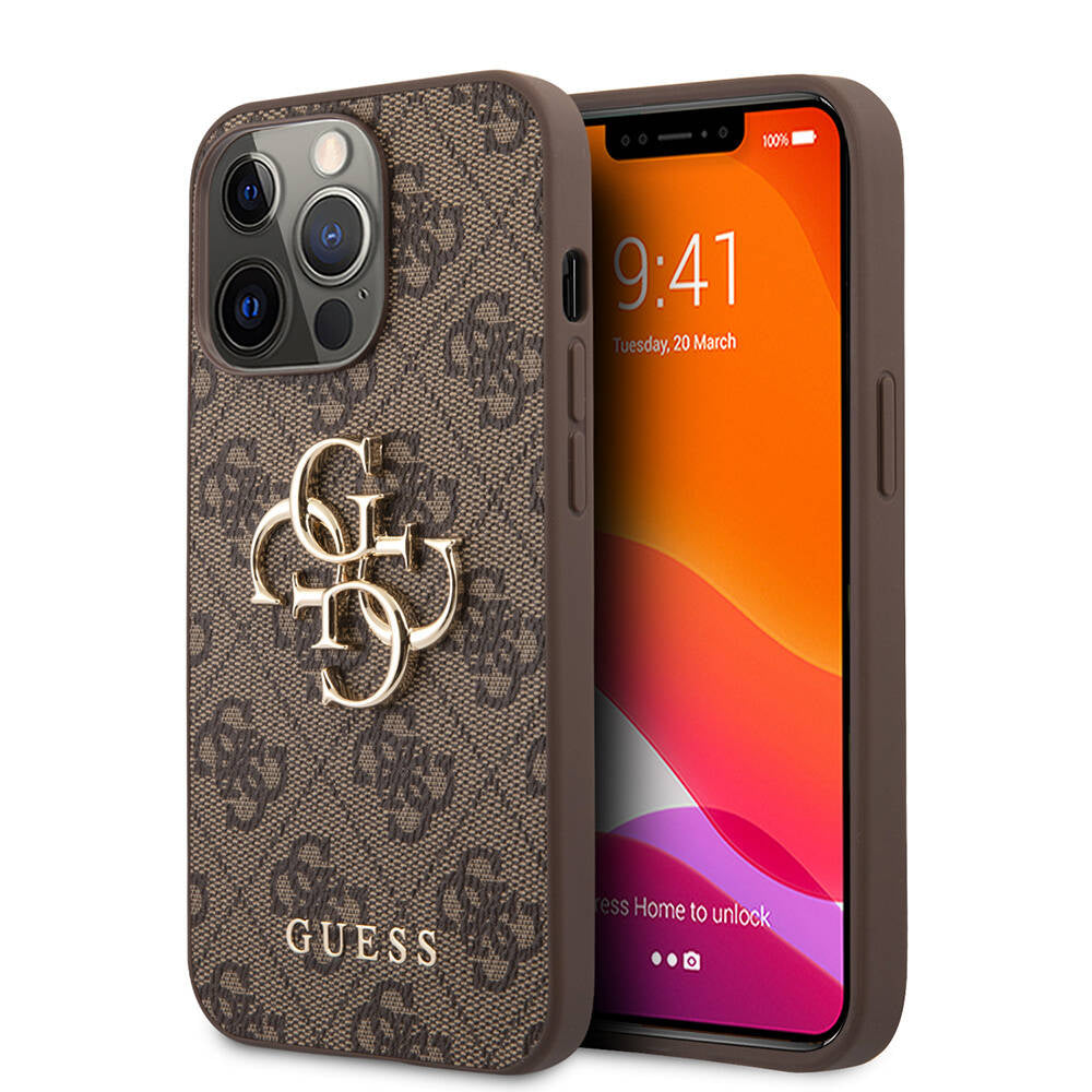 iPhone 13 Pro Max Kılıf Guess Orijinal Lisanslı PU Deri 4G Desenli Metal Büyük 4G ve Yazı Logolu Kılıf