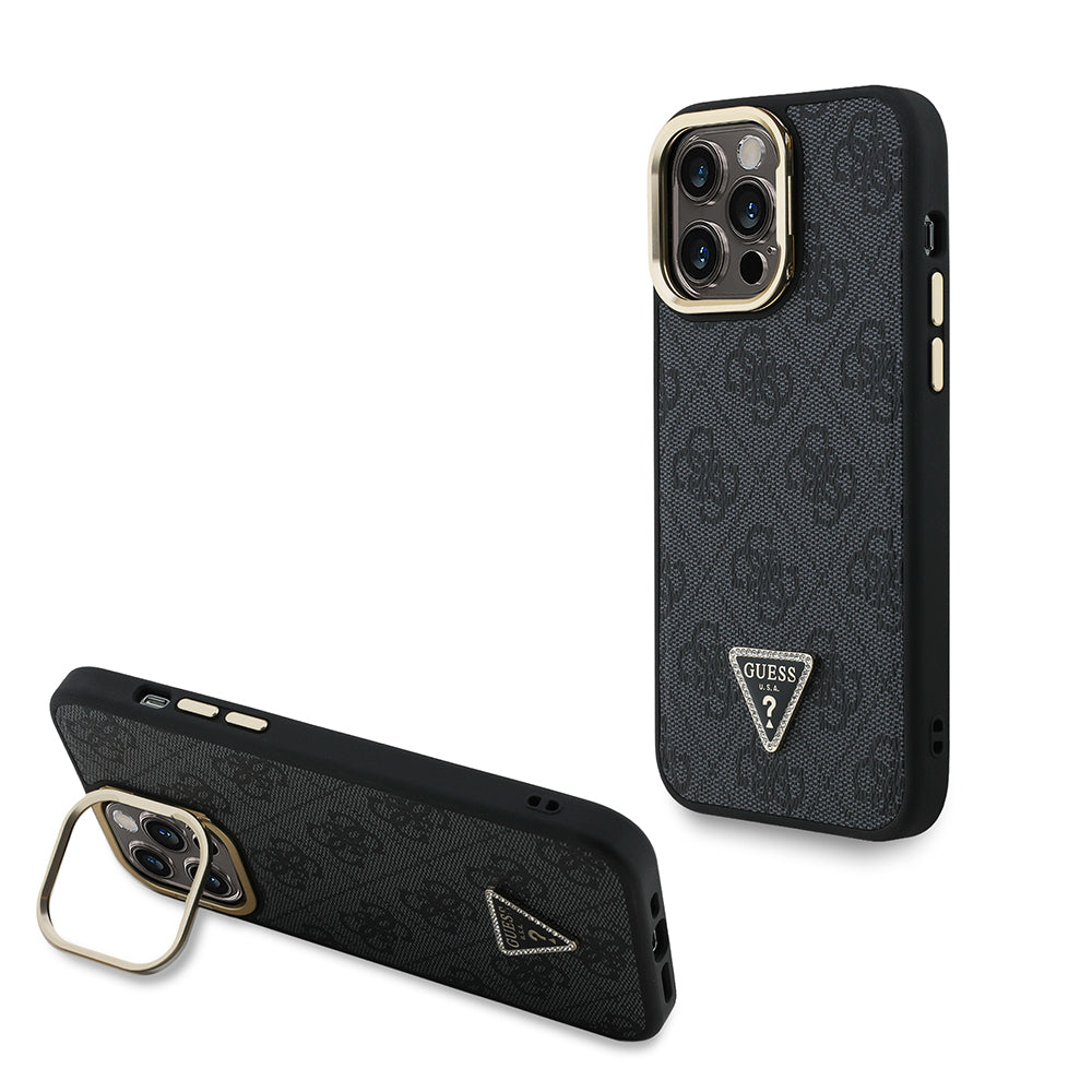 iPhone 13 Pro Max Kılıf Guess Orijinal Lisanslı PU Deri Taşlı Üçgen Logo 4G Desenli Kamera Standlı Kılıf
