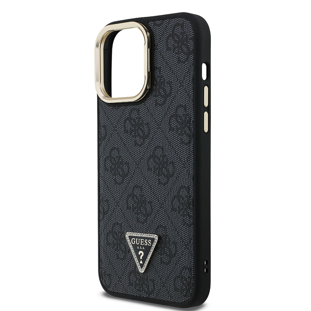 iPhone 13 Pro Max Kılıf Guess Orijinal Lisanslı PU Deri Taşlı Üçgen Logo 4G Desenli Kamera Standlı Kılıf