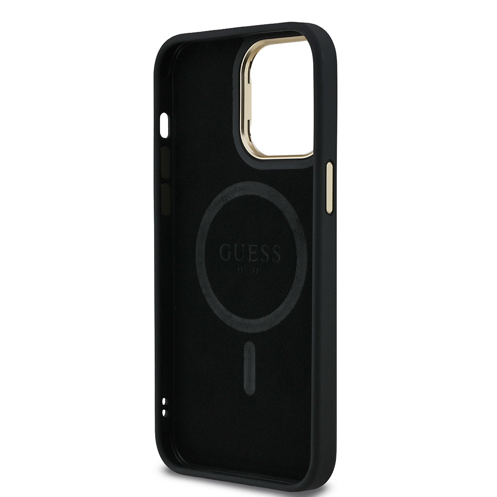 iPhone 13 Pro Max Kılıf Guess Orijinal Lisanslı PU Deri Taşlı Üçgen Logo 4G Desenli Kamera Standlı Kılıf