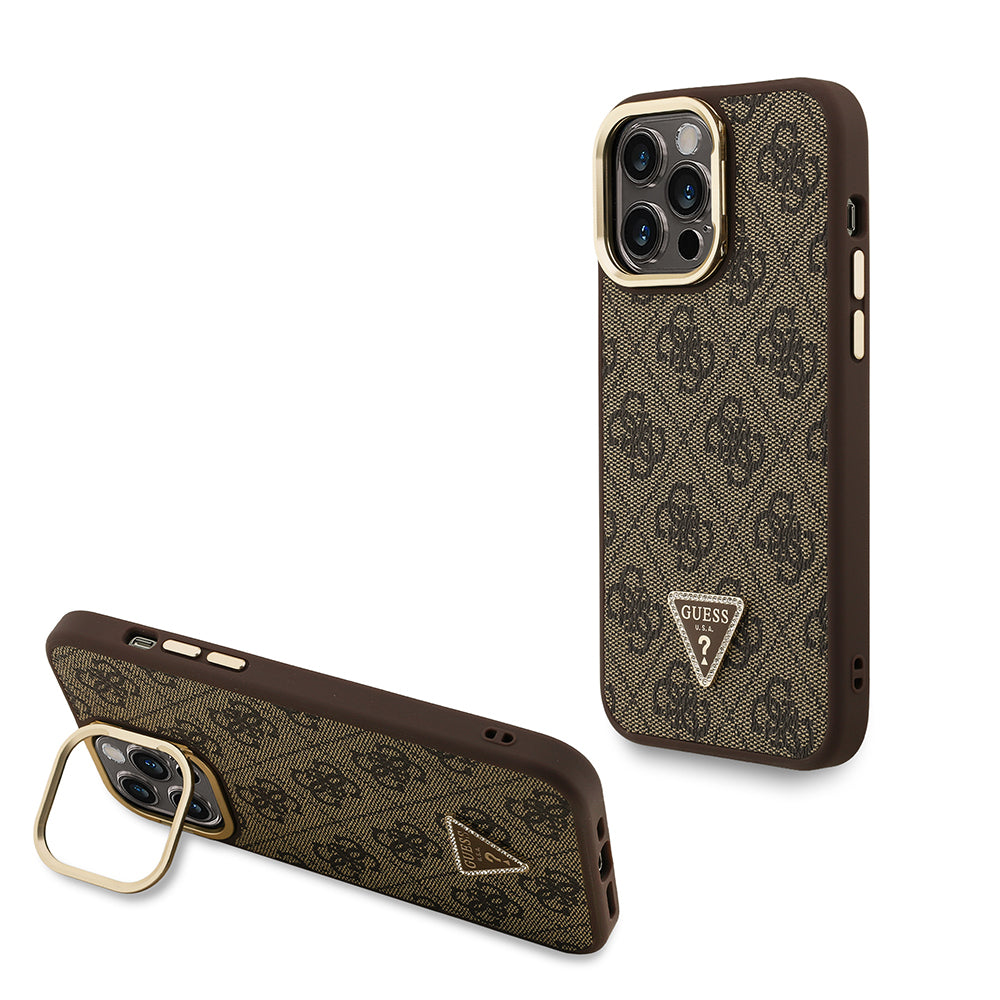 iPhone 13 Pro Max Kılıf Guess Orijinal Lisanslı PU Deri Taşlı Üçgen Logo 4G Desenli Kamera Standlı Kılıf