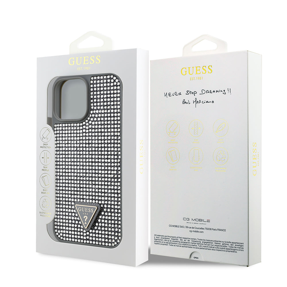 iPhone 13 Pro Max Kılıf Guess Orijinal Lisanslı Taşlı Arka Yüzey Üçgen Logolu Kılıf