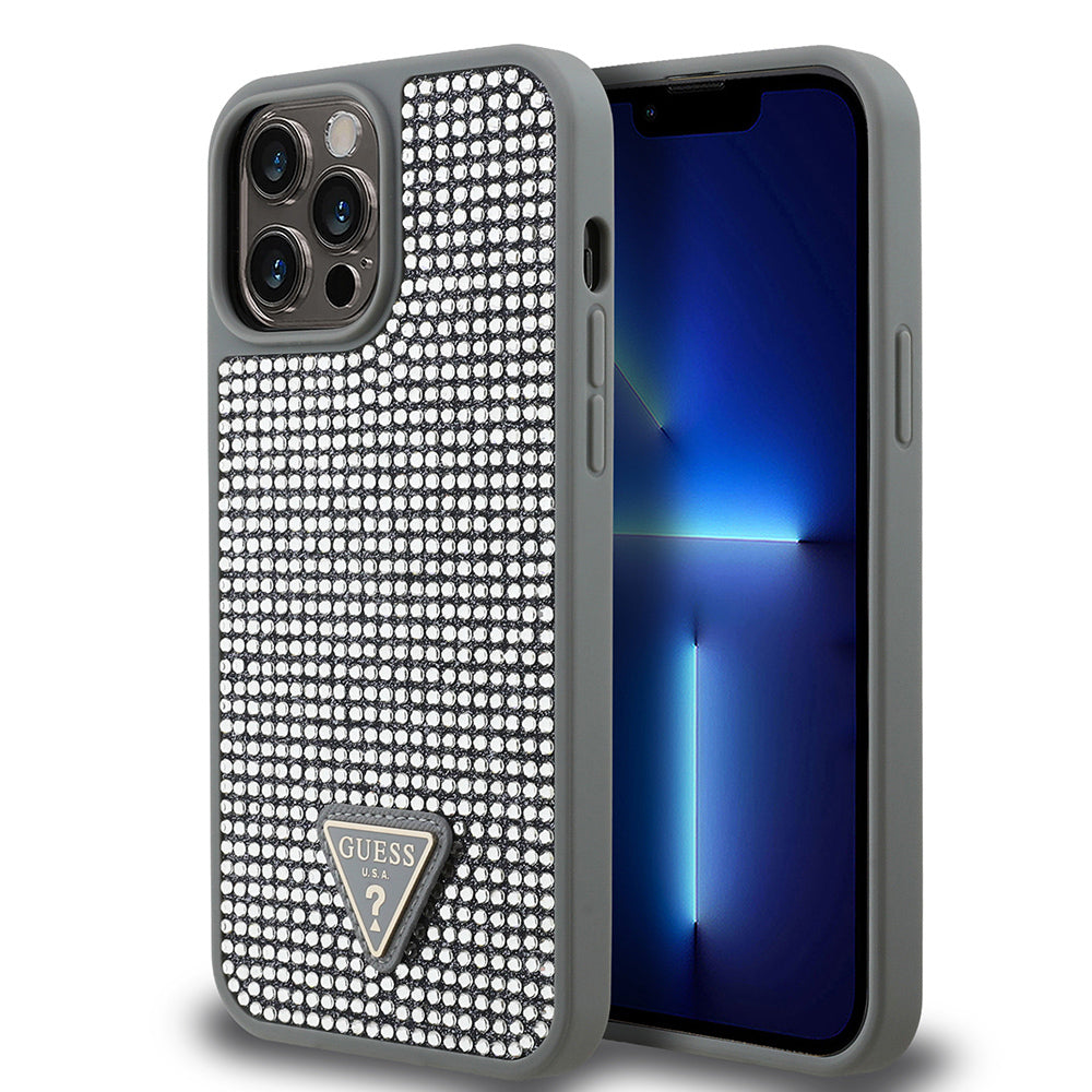 iPhone 13 Pro Max Kılıf Guess Orijinal Lisanslı Taşlı Arka Yüzey Üçgen Logolu Kılıf