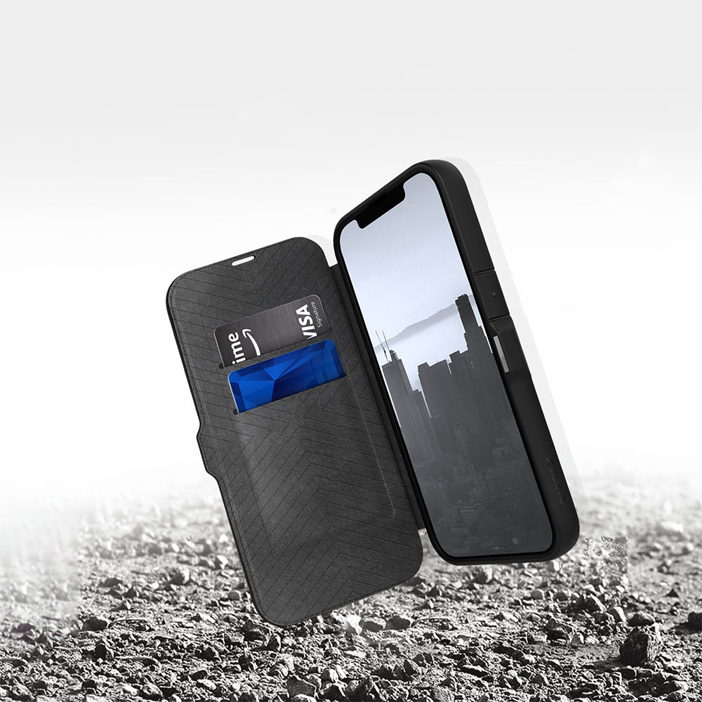 iPhone 13 Pro Max Kılıf Vegan Deri Tasarımlı Şeffaf Arka Yüzey Kartlıklı Raptic Urban Folio Serisi Kılıf