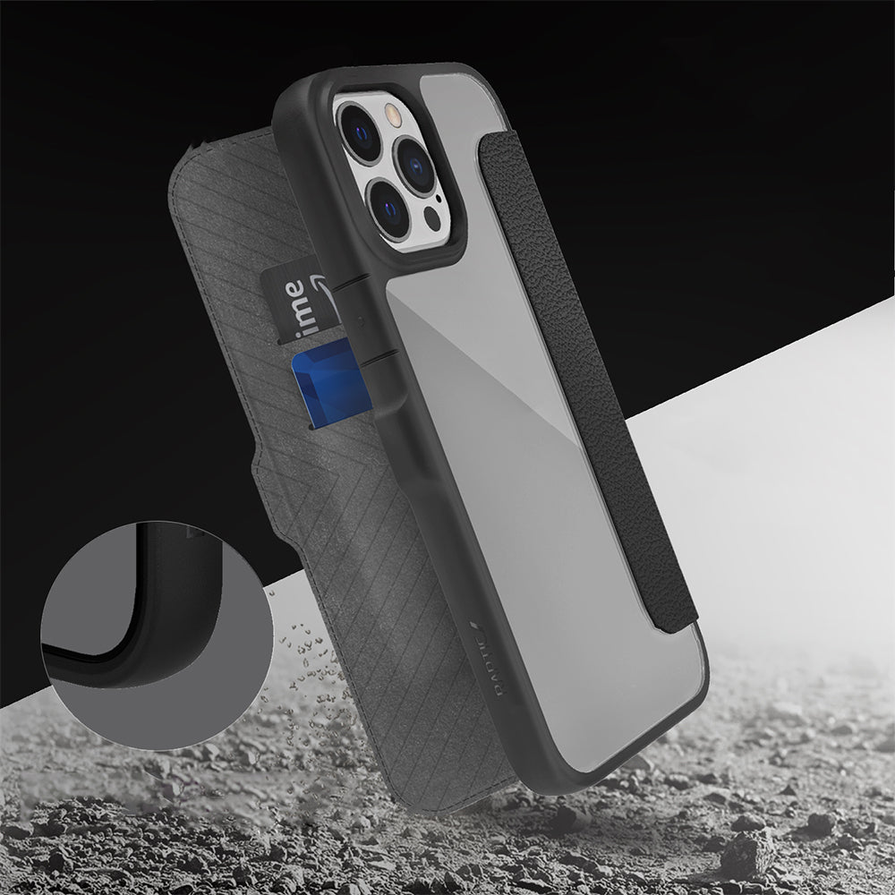 iPhone 13 Pro Max Kılıf Vegan Deri Tasarımlı Şeffaf Arka Yüzey Kartlıklı Raptic Urban Folio Serisi Kılıf