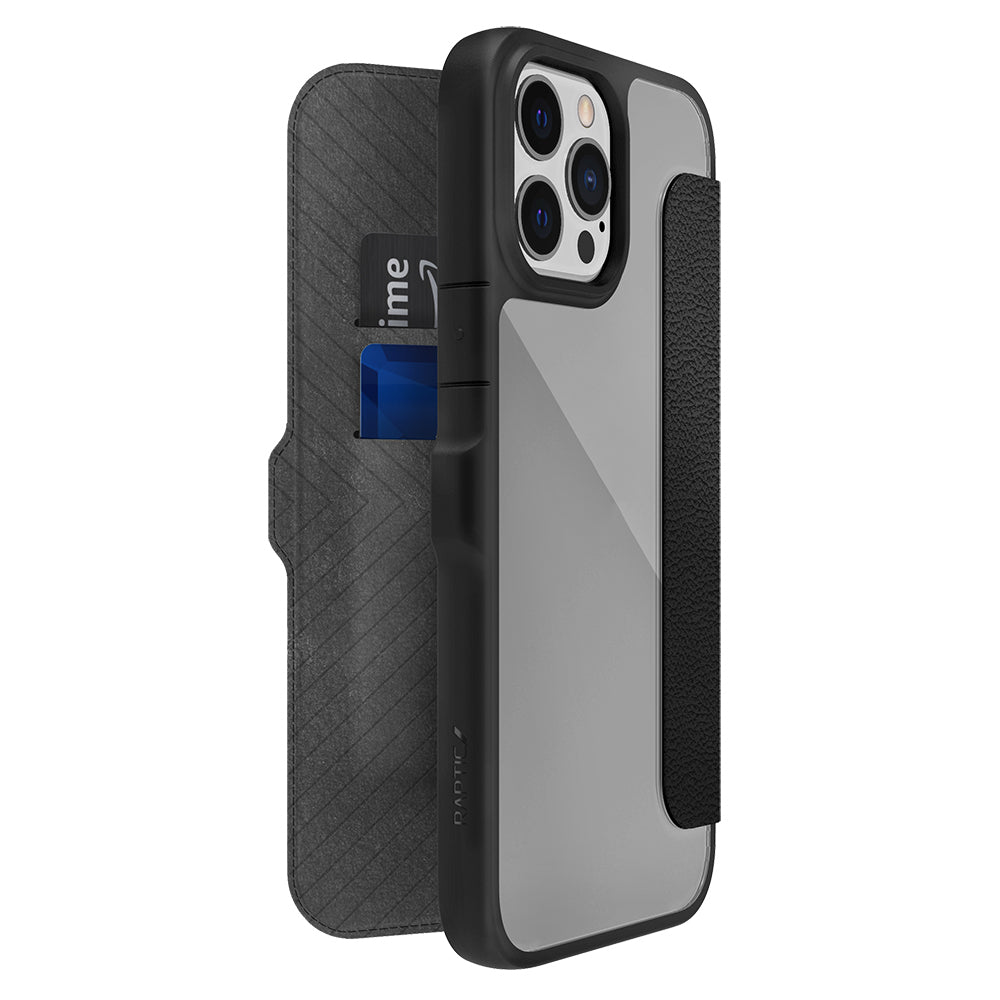 iPhone 13 Pro Max Kılıf Vegan Deri Tasarımlı Şeffaf Arka Yüzey Kartlıklı Raptic Urban Folio Serisi Kılıf