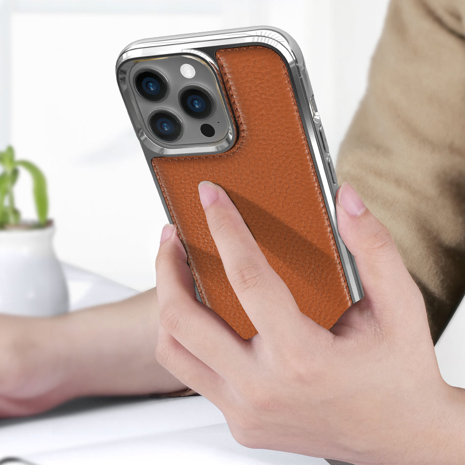 iPhone 13 Pro Max Kılıf Wiwu Genuine Leather Silver Calfskin Orijinal Deri Kılıf
