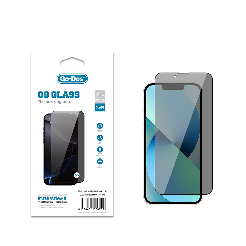 iPhone 14 Go Des OG Glass Privacy Antistatik Temperli Cam Ekran Koruyucu