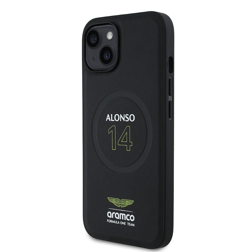 iPhone 14 Kılıf Aston Martin Orijinal Lisanslı M-safe Şarj Özellikli PU Deri Alonso 14 Baskılı Kılıf