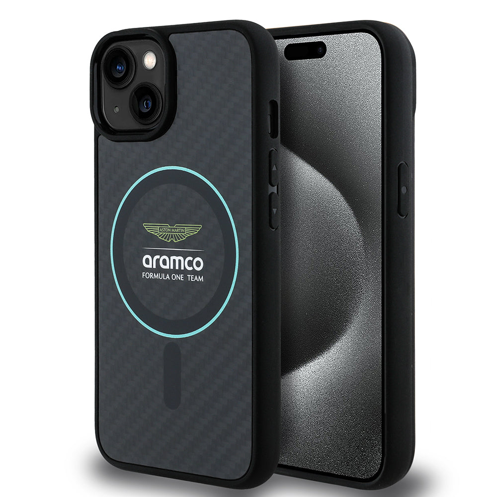 iPhone 14 Kılıf Aston Martin Orijinal Lisanslı M-safe Şarj Özellikli Renkli Halka ve Karbon Fiber Tasarımlı Kılıf
