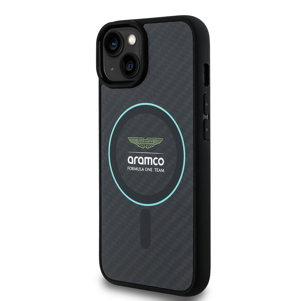 iPhone 14 Kılıf Aston Martin Orijinal Lisanslı M-safe Şarj Özellikli Renkli Halka ve Karbon Fiber Tasarımlı Kılıf
