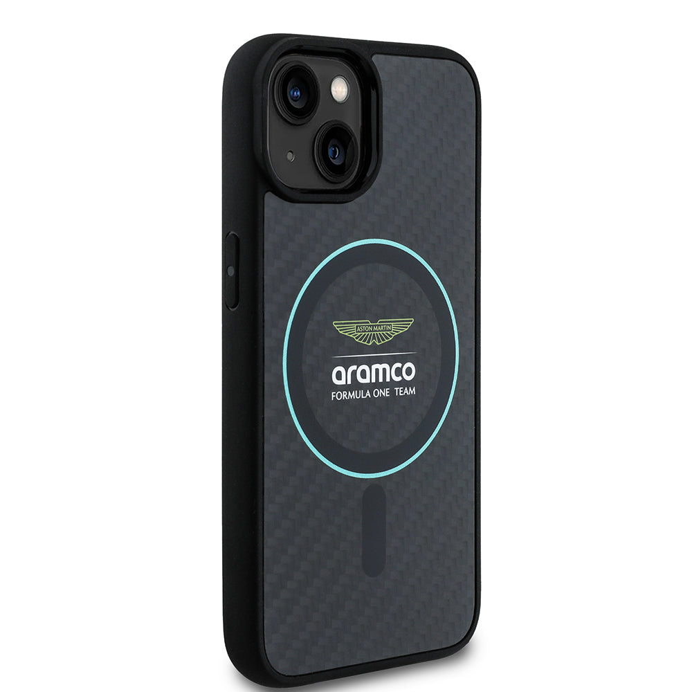 iPhone 14 Kılıf Aston Martin Orijinal Lisanslı M-safe Şarj Özellikli Renkli Halka ve Karbon Fiber Tasarımlı Kılıf