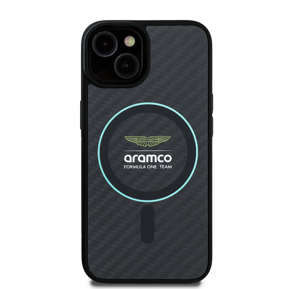 iPhone 14 Kılıf Aston Martin Orijinal Lisanslı M-safe Şarj Özellikli Renkli Halka ve Karbon Fiber Tasarımlı Kılıf