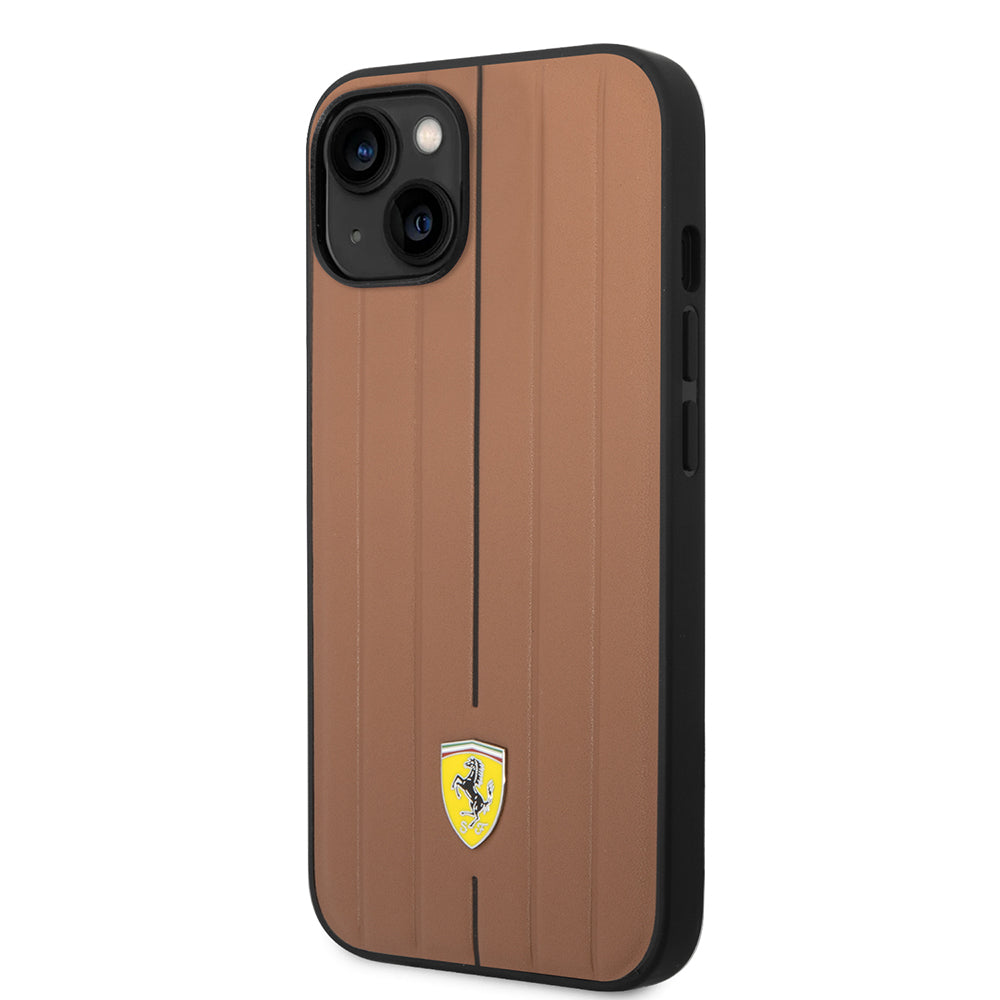 iPhone 14 Kılıf Ferrari Orijinal Lisanslı Deri Arka Yüzey Metal Logolu Şerit Tasarımlı Kılıf