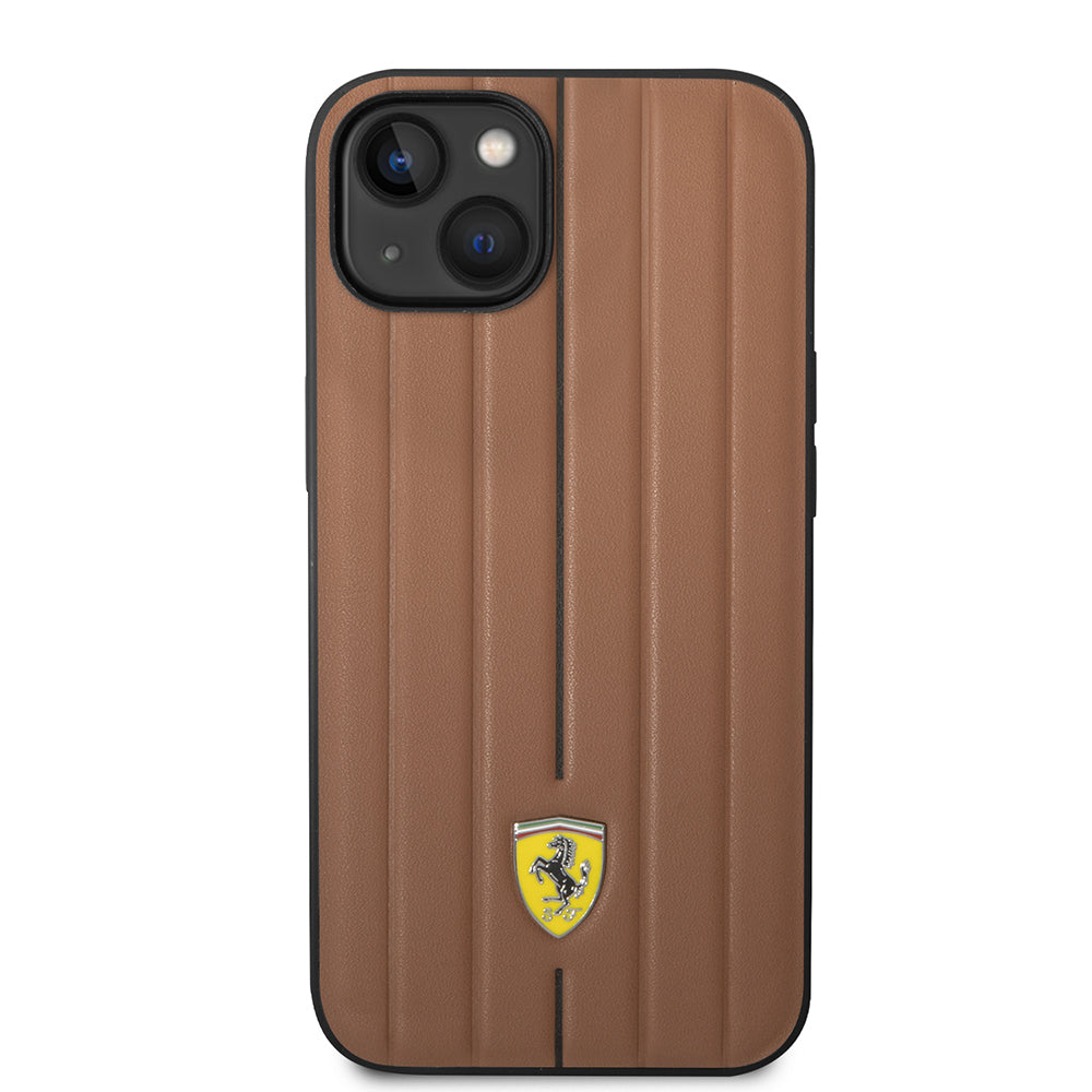 iPhone 14 Kılıf Ferrari Orijinal Lisanslı Deri Arka Yüzey Metal Logolu Şerit Tasarımlı Kılıf