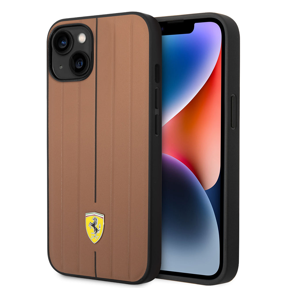iPhone 14 Kılıf Ferrari Orijinal Lisanslı Deri Arka Yüzey Metal Logolu Şerit Tasarımlı Kılıf