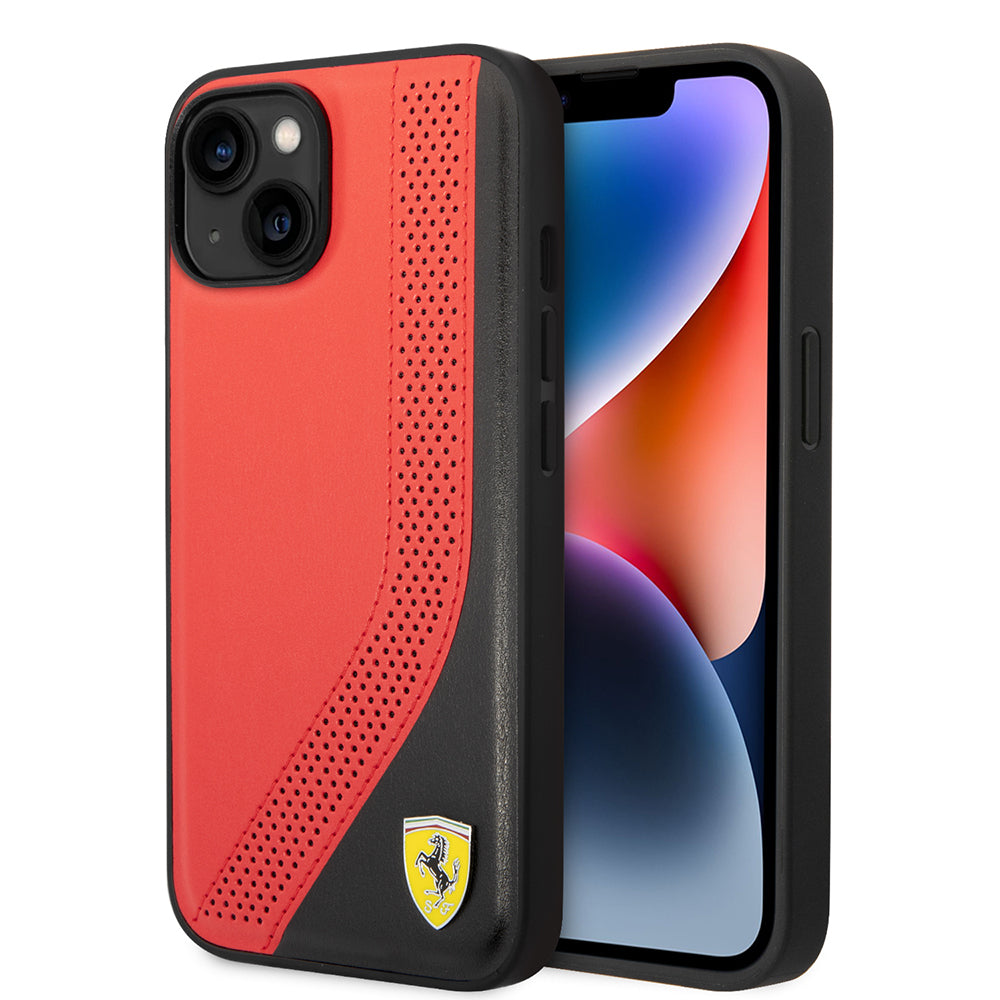 iPhone 14 Kılıf Ferrari Orijinal Lisanslı Metal Logolu Deri Delikli Dikişli Dizayn Kılıf