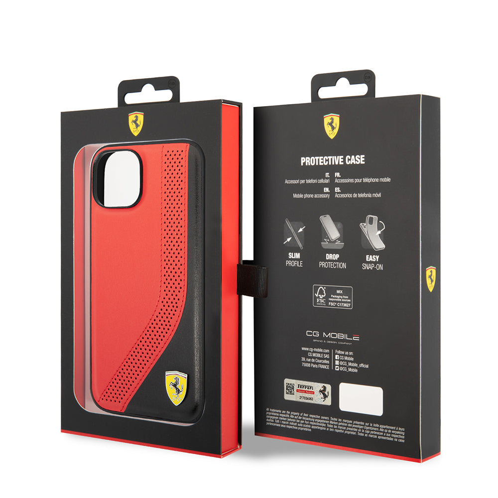 iPhone 14 Kılıf Ferrari Orijinal Lisanslı Metal Logolu Deri Delikli Dikişli Dizayn Kılıf