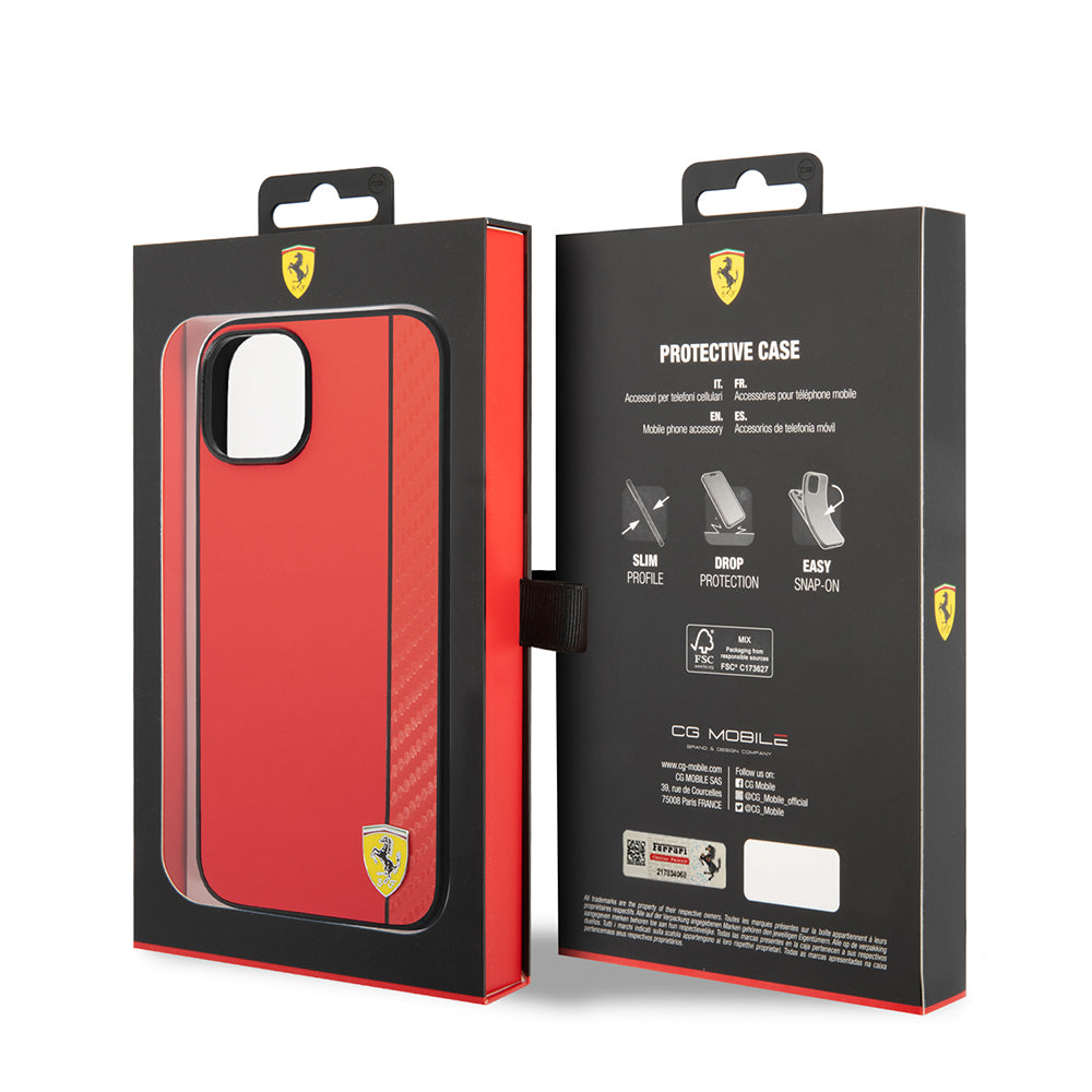 iPhone 14 Kılıf Ferrari orijinal Lisanslı M-safe Şarj Özellikli Pu Deri Ve Karbon Şeritli Dizayn Kılıf