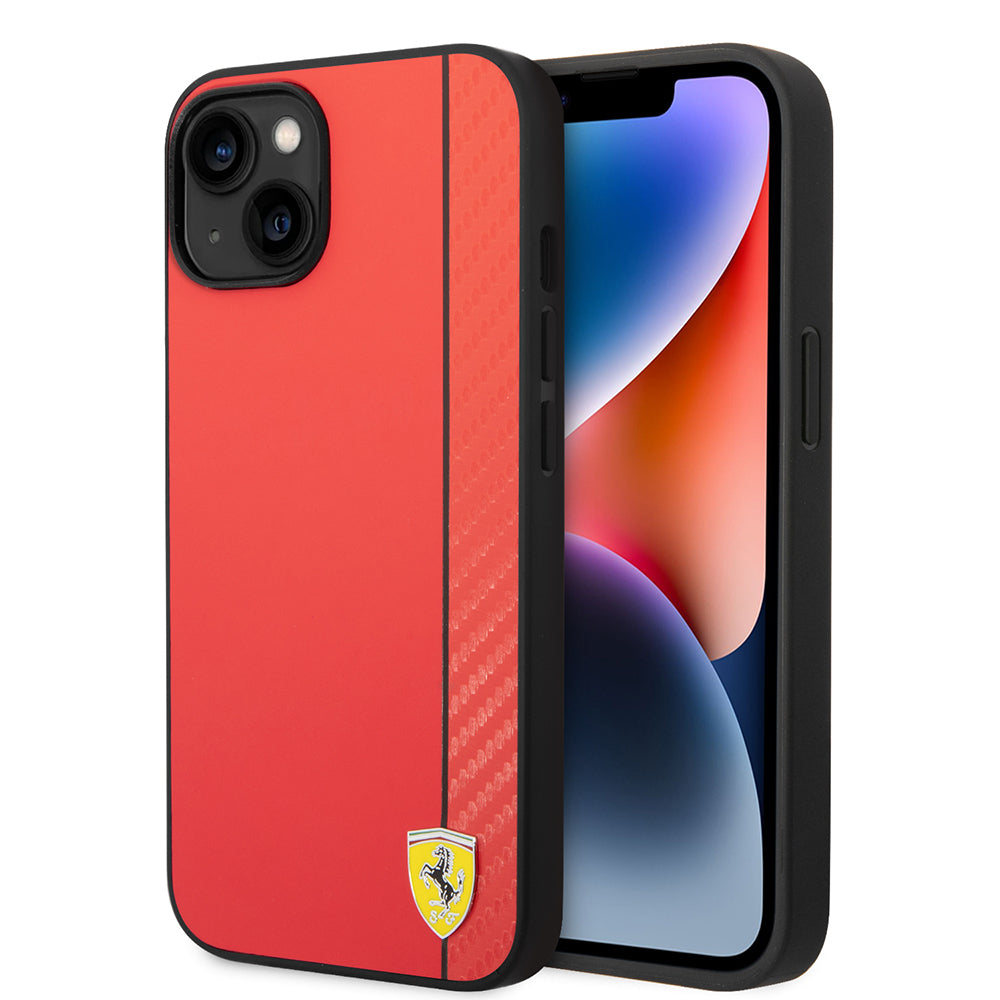iPhone 14 Kılıf Ferrari orijinal Lisanslı M-safe Şarj Özellikli Pu Deri Ve Karbon Şeritli Dizayn Kılıf