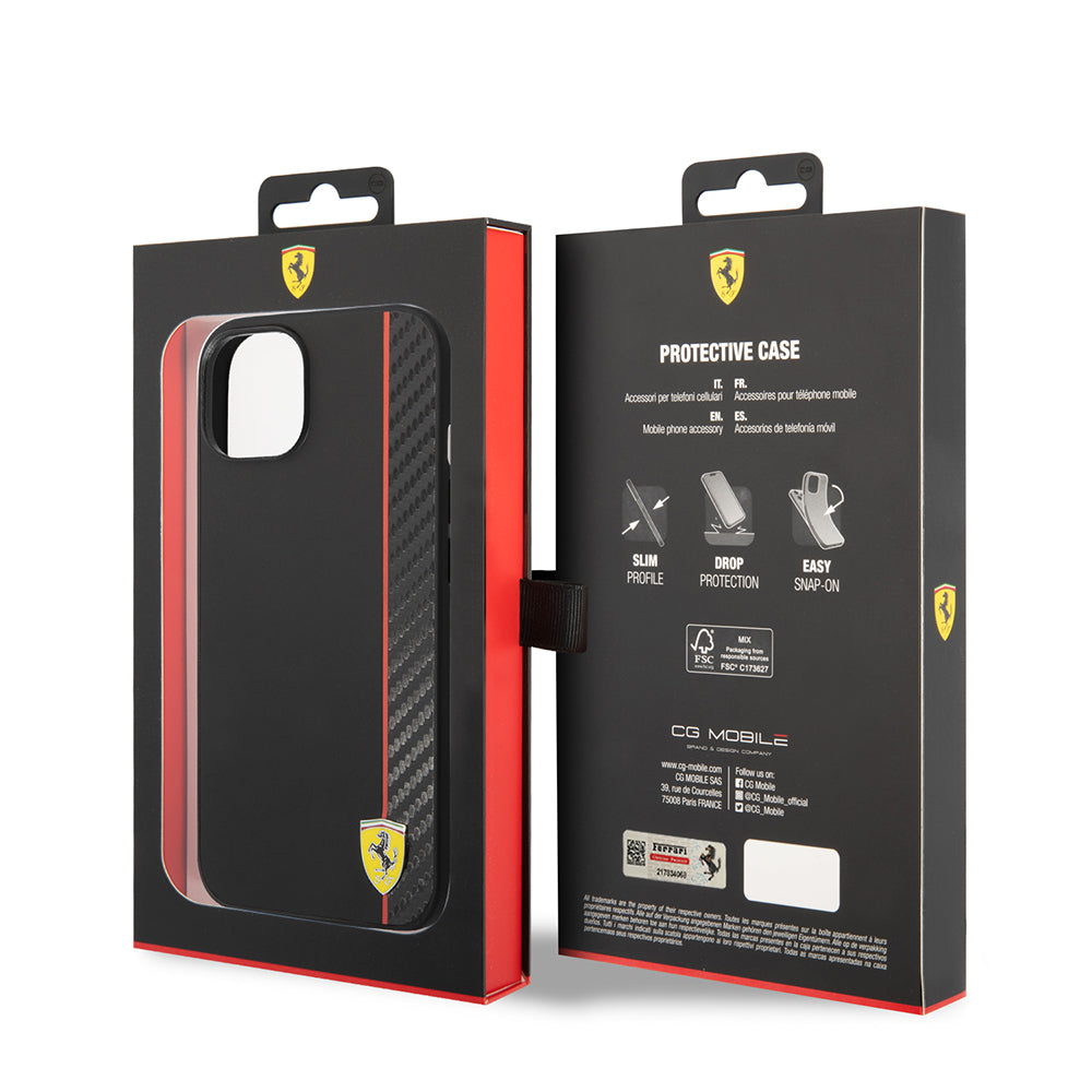 iPhone 14 Kılıf Ferrari orijinal Lisanslı M-safe Şarj Özellikli Pu Deri Ve Karbon Şeritli Dizayn Kılıf