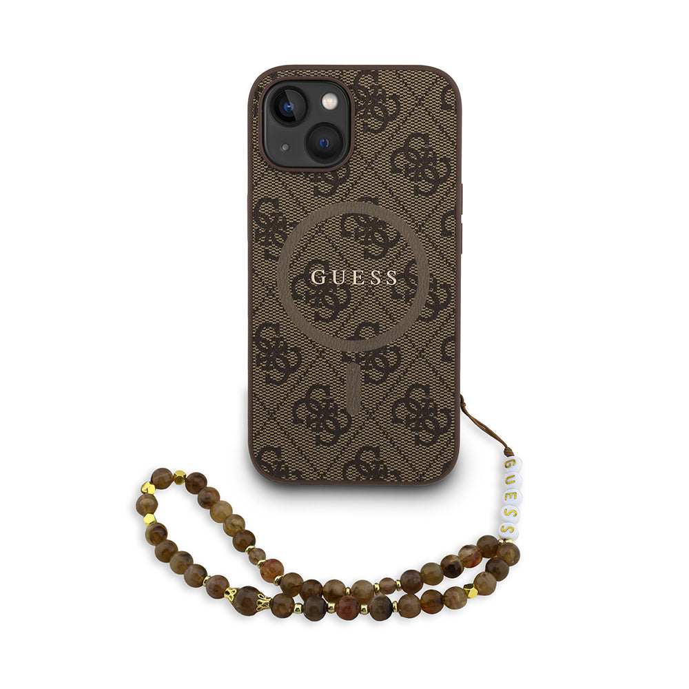 iPhone 14 Kılıf Guess Orijinal Lisanslı M-safe Şarj Özellikli PU Deri Bilek Askı İpli Yazı Logolu Kılıf
