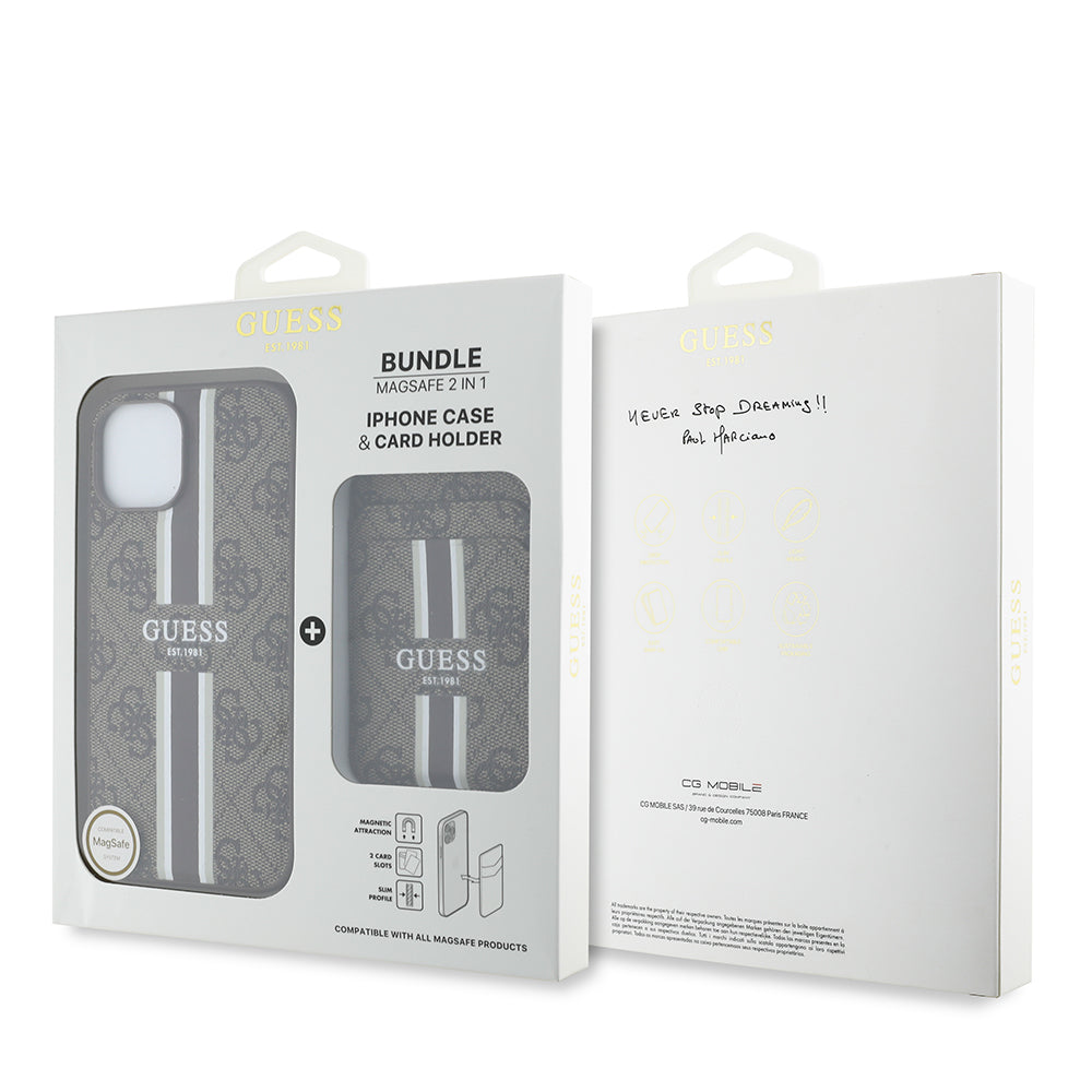 iPhone 14 Kılıf Guess Orijinal Lisanslı M-safe Şarj Özellikli 4G Desenli Çizgili Kartlıklı Kılıf