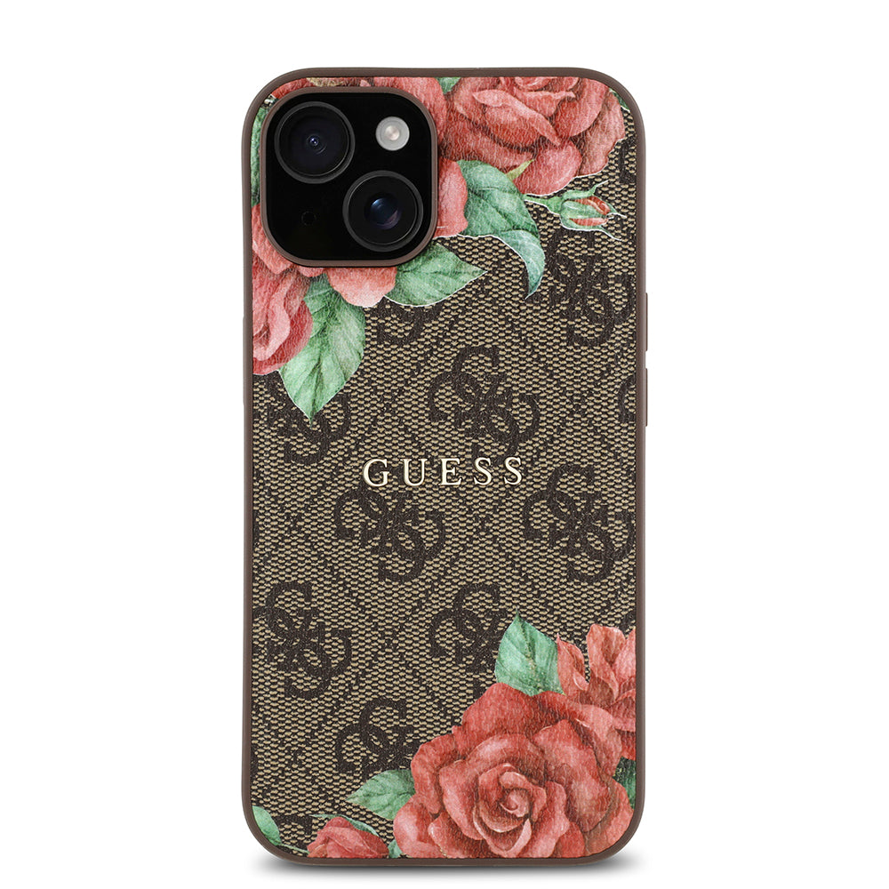 iPhone 14 Kılıf Guess Orijinal Lisanslı M-safe Şarj Özellikli Gül Baskılı 4G Desenli Yazı Logolu Kılıf