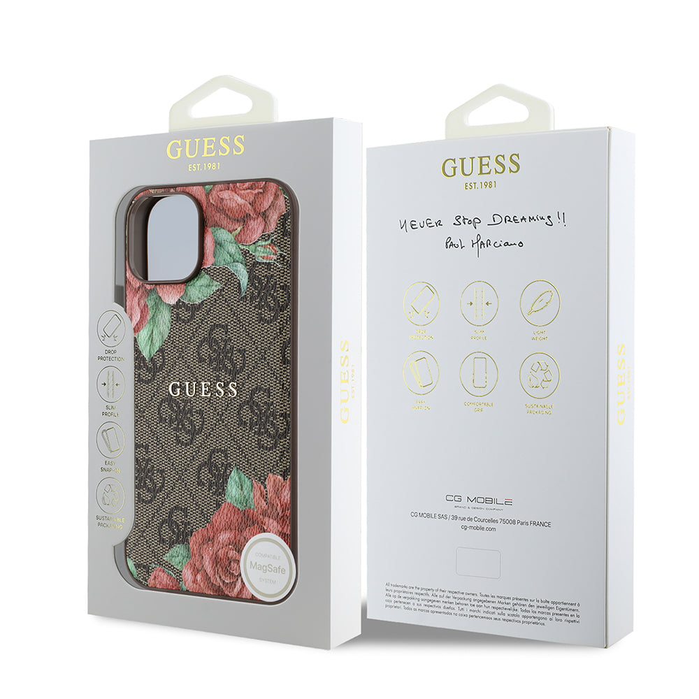 iPhone 14 Kılıf Guess Orijinal Lisanslı M-safe Şarj Özellikli Gül Baskılı 4G Desenli Yazı Logolu Kılıf