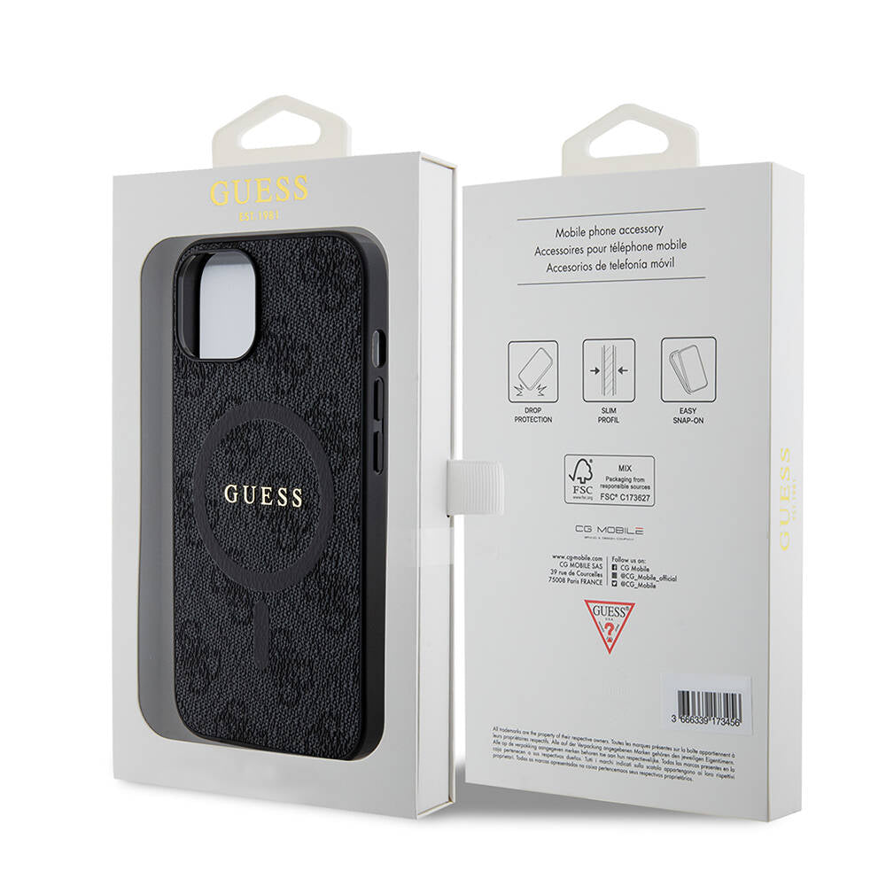iPhone 14 Kılıf Guess Orijinal Lisanslı M-safe Şarj Özellikli PU Halkalı 4G Desenli Yazı Logolu Kılıf