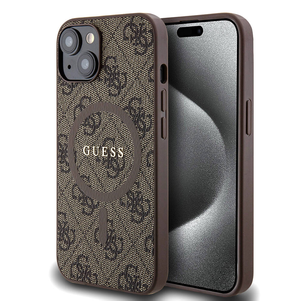 iPhone 14 Kılıf Guess Orijinal Lisanslı M-safe Şarj Özellikli PU Halkalı 4G Desenli Yazı Logolu Kılıf