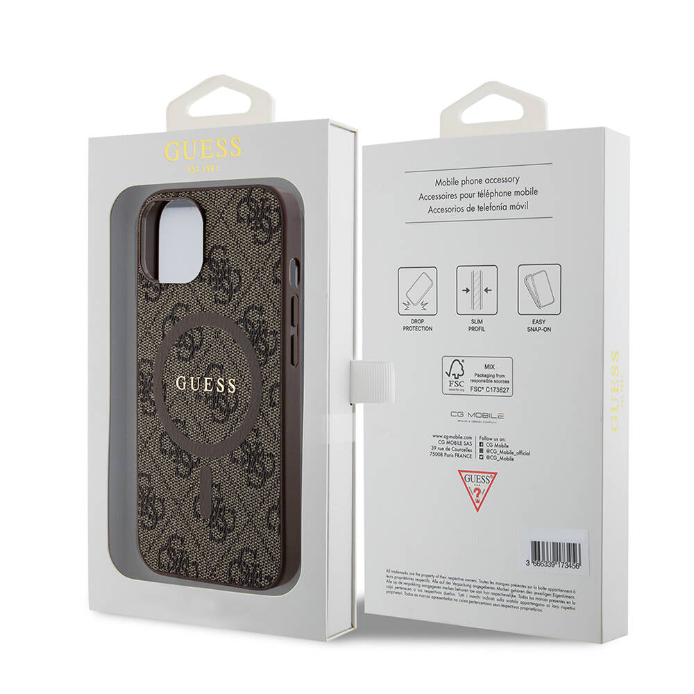 iPhone 14 Kılıf Guess Orijinal Lisanslı M-safe Şarj Özellikli PU Halkalı 4G Desenli Yazı Logolu Kılıf