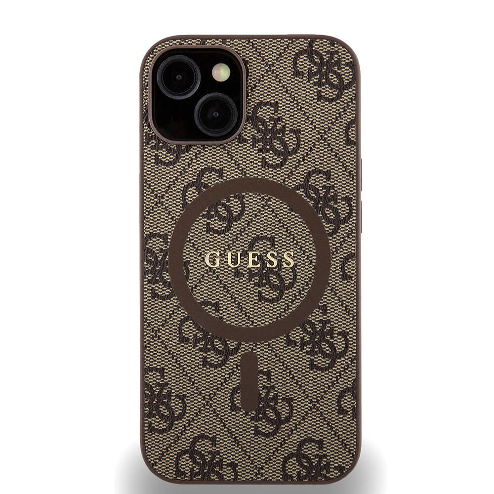 iPhone 14 Kılıf Guess Orijinal Lisanslı M-safe Şarj Özellikli PU Halkalı 4G Desenli Yazı Logolu Kılıf