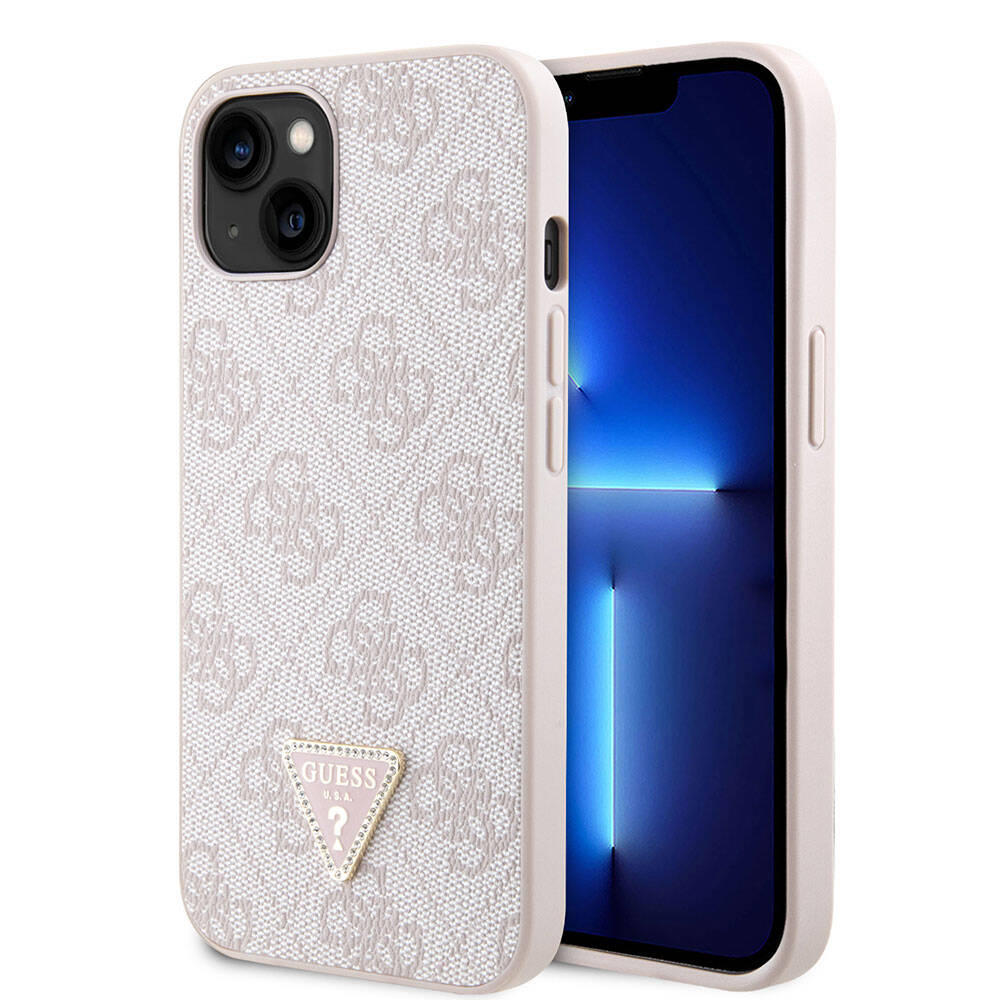 iPhone 14 Kılıf Guess Orijinal Lisanslı PU Deri Taşlı Üçgen Logo 4G Desenli Kılıf