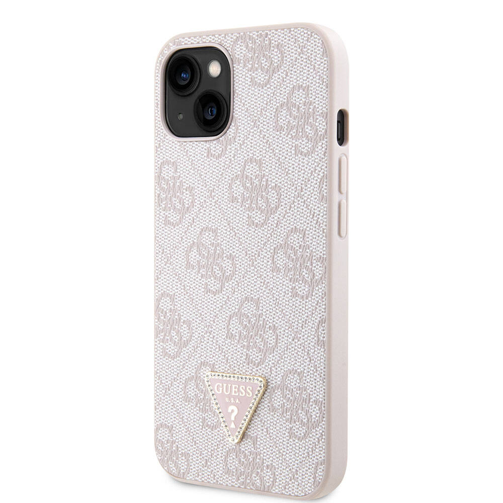 iPhone 14 Kılıf Guess Orijinal Lisanslı PU Deri Taşlı Üçgen Logo 4G Desenli Kılıf