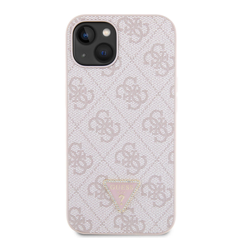 iPhone 14 Kılıf Guess Orijinal Lisanslı PU Deri Taşlı Üçgen Logo 4G Desenli Kılıf