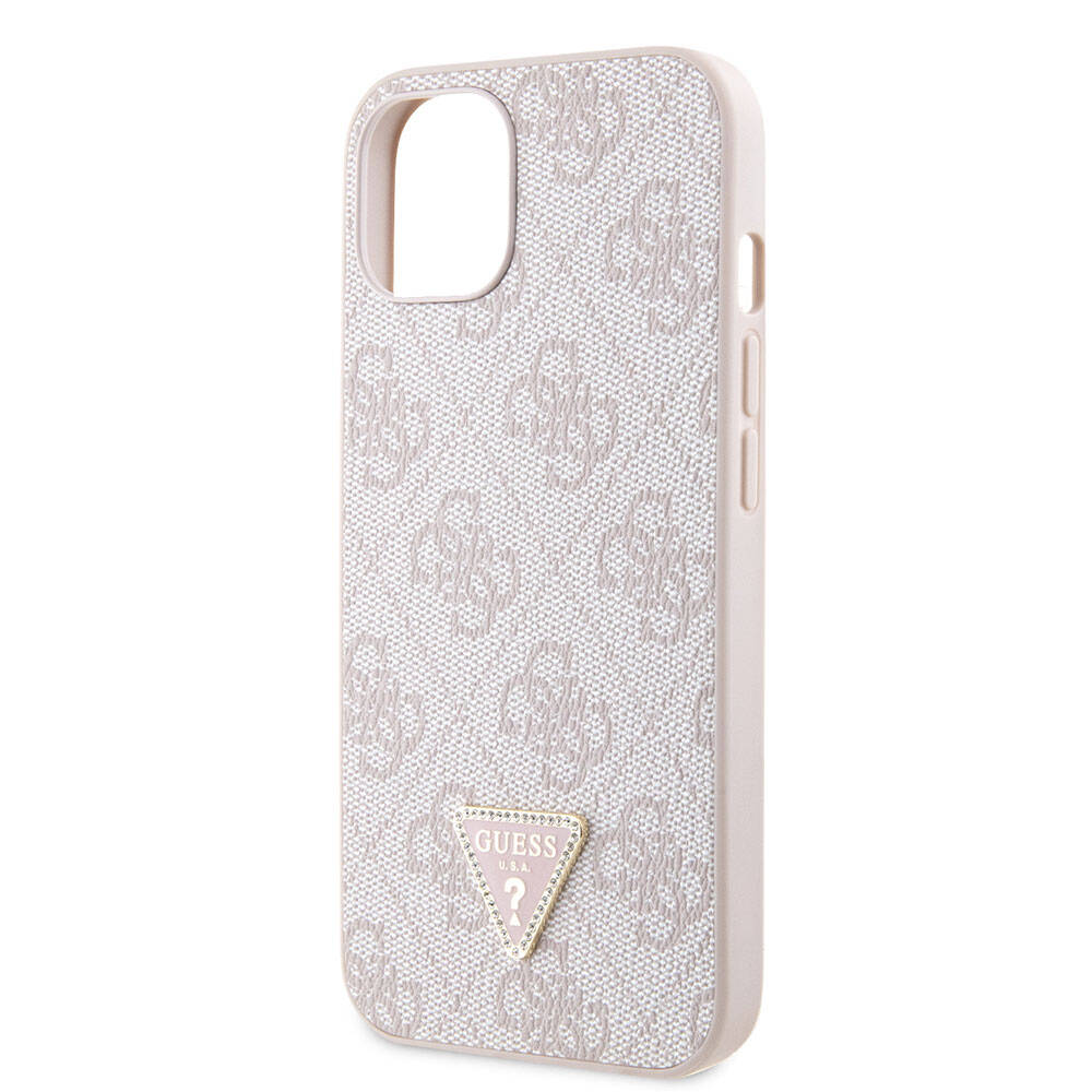 iPhone 14 Kılıf Guess Orijinal Lisanslı PU Deri Taşlı Üçgen Logo 4G Desenli Kılıf