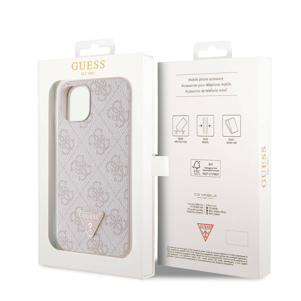 iPhone 14 Kılıf Guess Orijinal Lisanslı PU Deri Taşlı Üçgen Logo 4G Desenli Kılıf