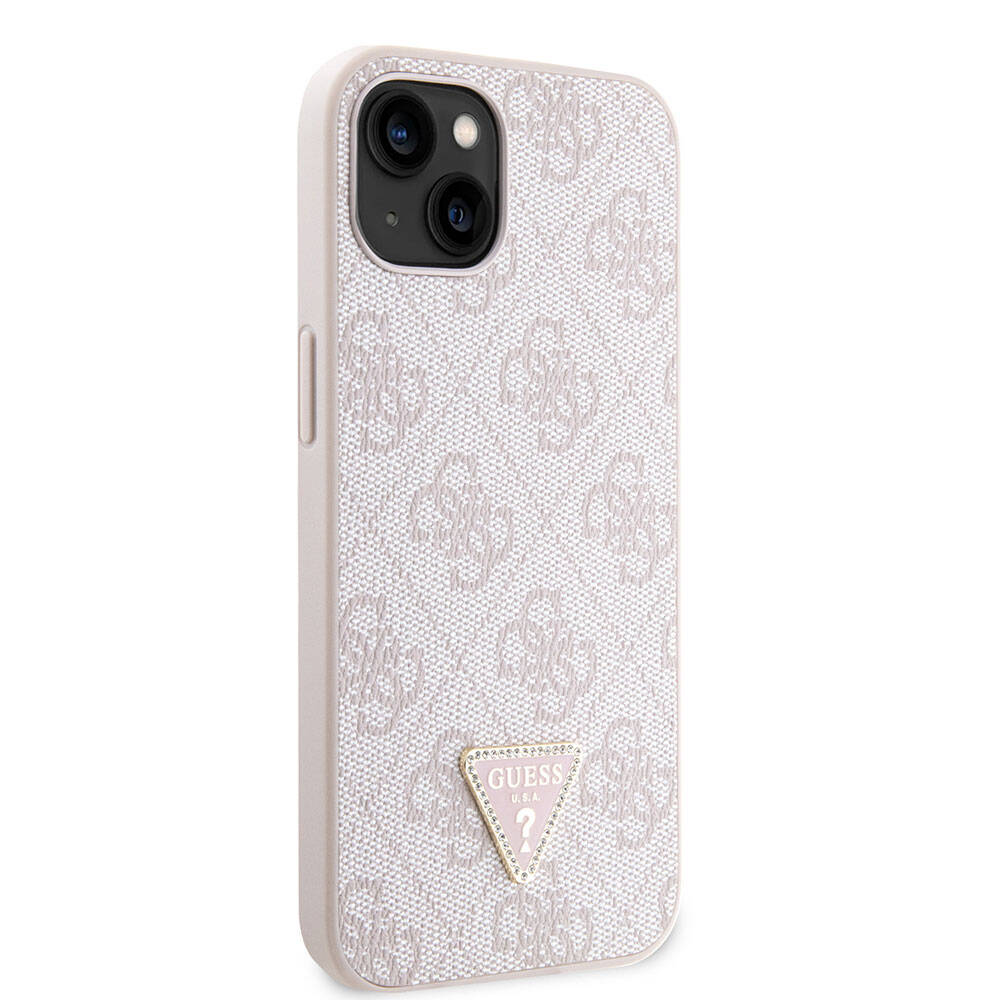 iPhone 14 Kılıf Guess Orijinal Lisanslı PU Deri Taşlı Üçgen Logo 4G Desenli Kılıf
