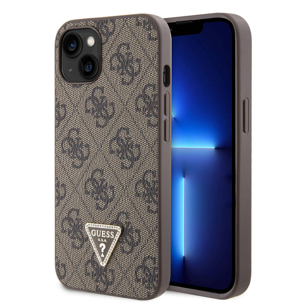 iPhone 14 Kılıf Guess Orijinal Lisanslı PU Deri Taşlı Üçgen Logo 4G Desenli Kılıf