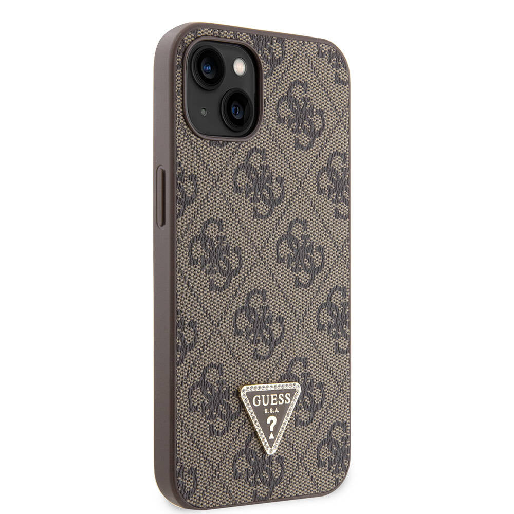 iPhone 14 Kılıf Guess Orijinal Lisanslı PU Deri Taşlı Üçgen Logo 4G Desenli Kılıf