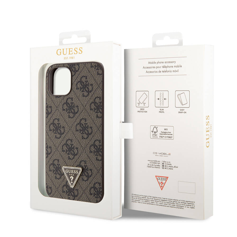 iPhone 14 Kılıf Guess Orijinal Lisanslı PU Deri Taşlı Üçgen Logo 4G Desenli Kılıf