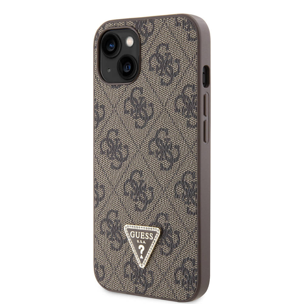iPhone 14 Kılıf Guess Orijinal Lisanslı PU Deri Taşlı Üçgen Logo 4G Desenli Kılıf