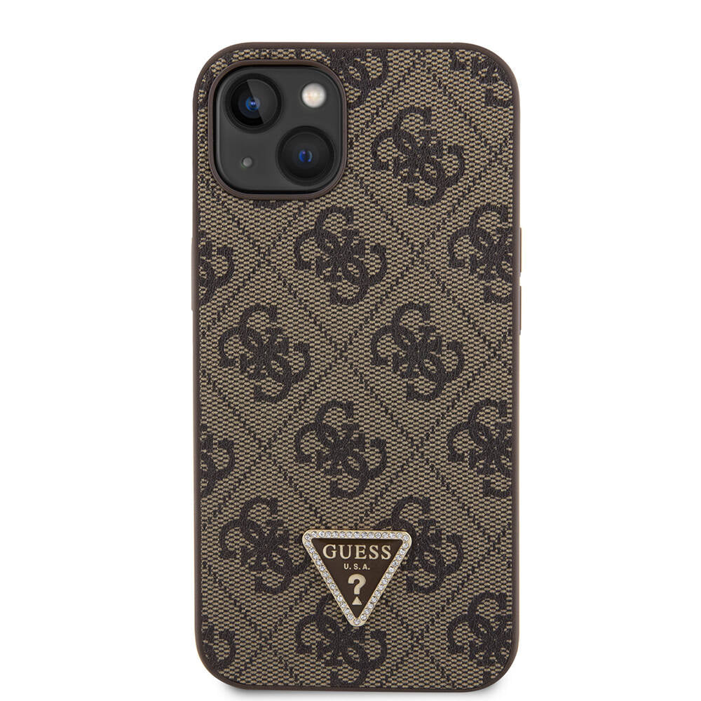 iPhone 14 Kılıf Guess Orijinal Lisanslı PU Deri Taşlı Üçgen Logo 4G Desenli Kılıf