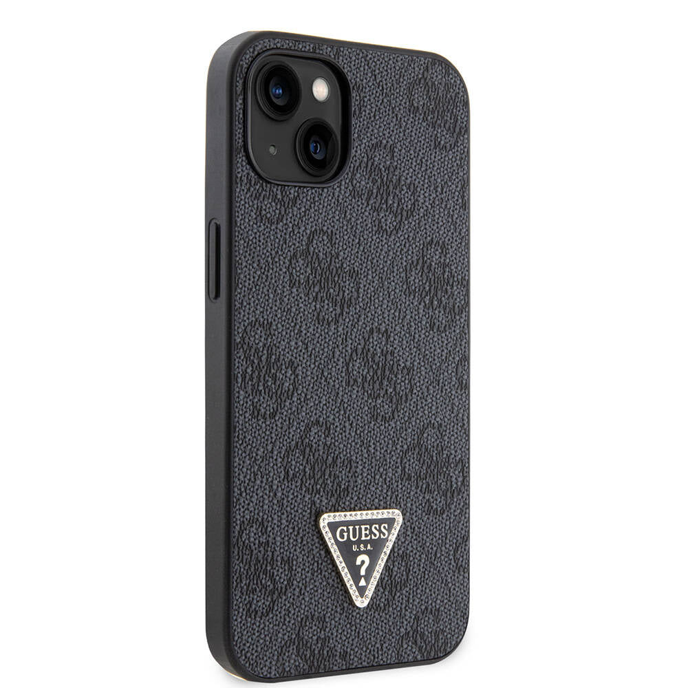 iPhone 14 Kılıf Guess Orijinal Lisanslı PU Deri Taşlı Üçgen Logo 4G Desenli Kılıf